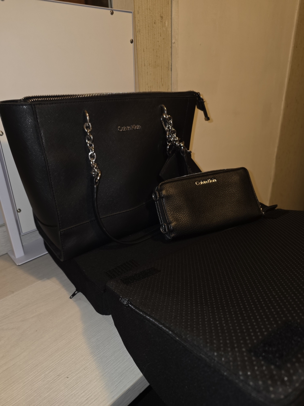 Calvin Klein Black Leather Tote Bag with Zip Pouch